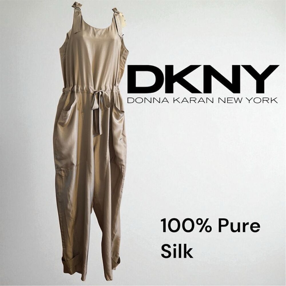 DKNY Donna Karan NY Beige 100% Silk Sleeveless Oversized Drawstring Jumpsuit